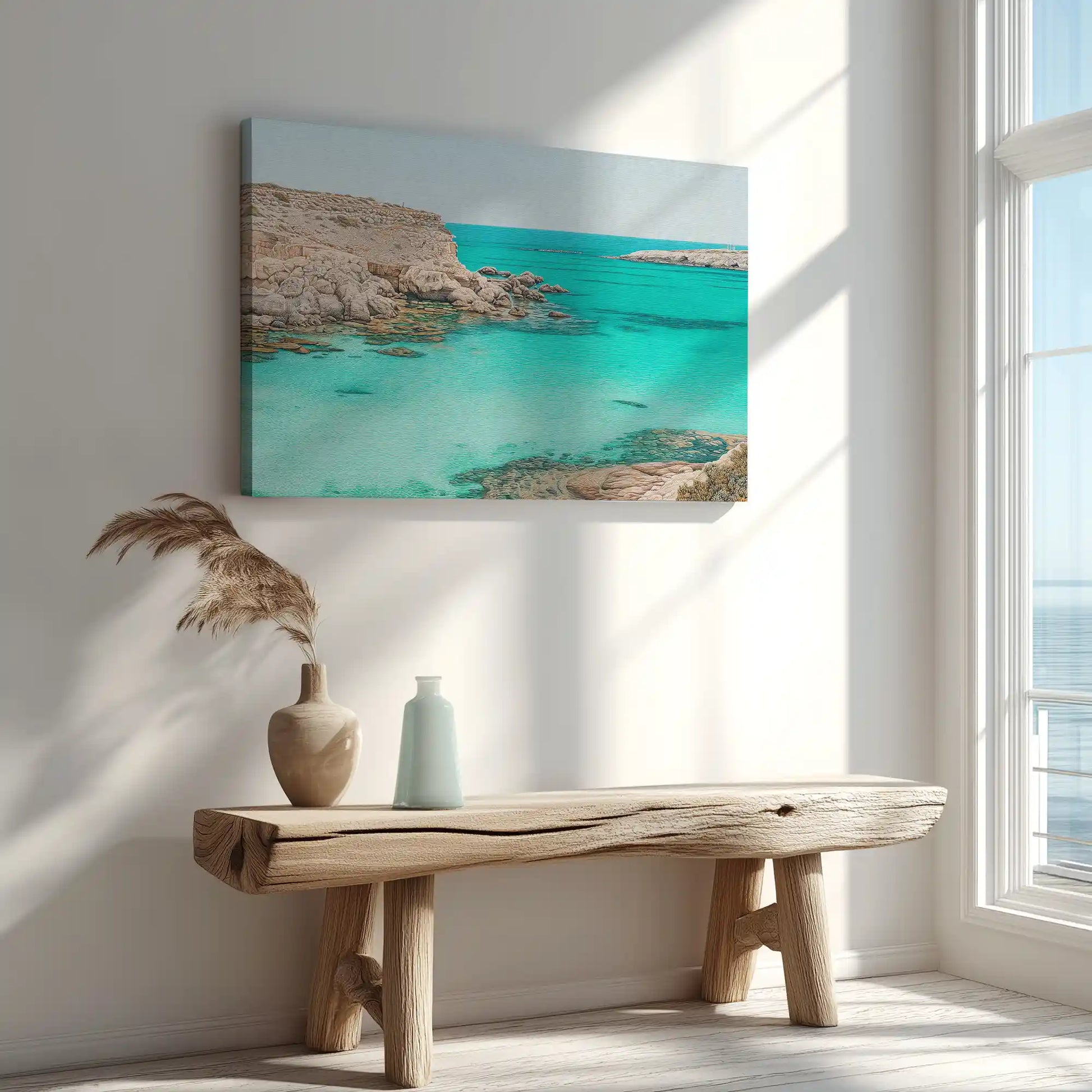 Rocky coast painting captured in canvas art with Mediterranean coastal style