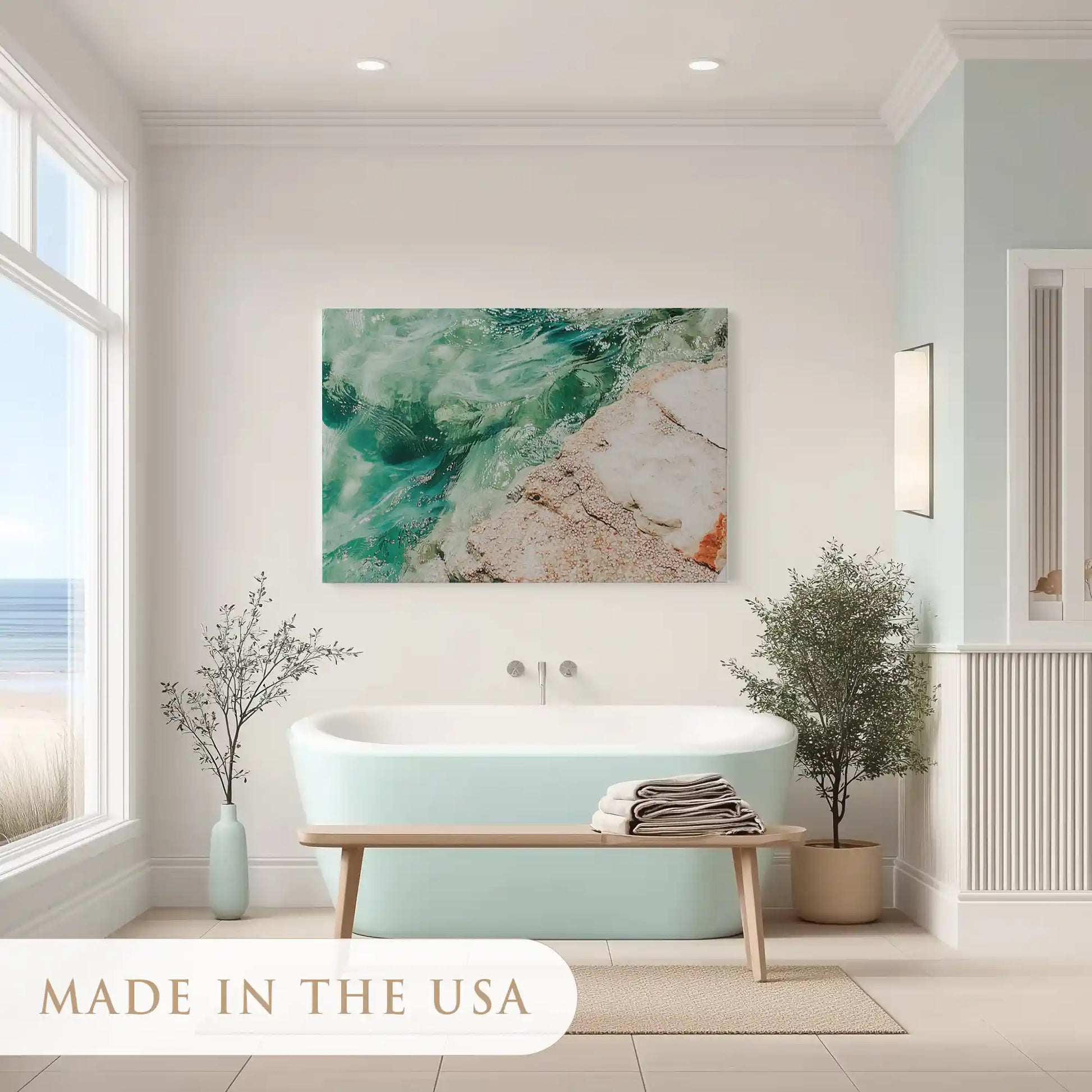 Vibrant green sea painting adding bold abstract canvas art touch to modern interiors