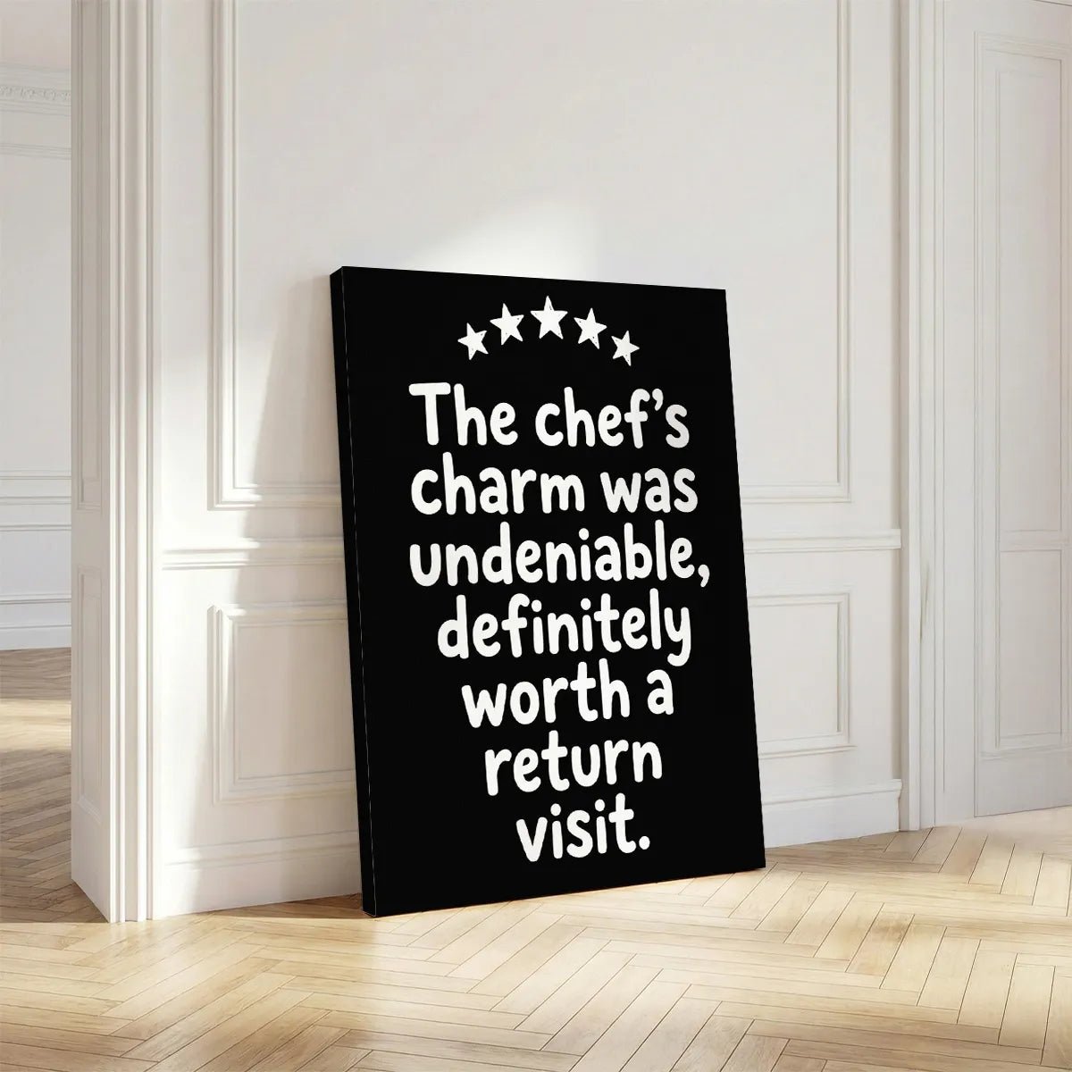 Decorative canvas print with a stacked food quote and five stars, combining simplicity and charm for kitchen walls.