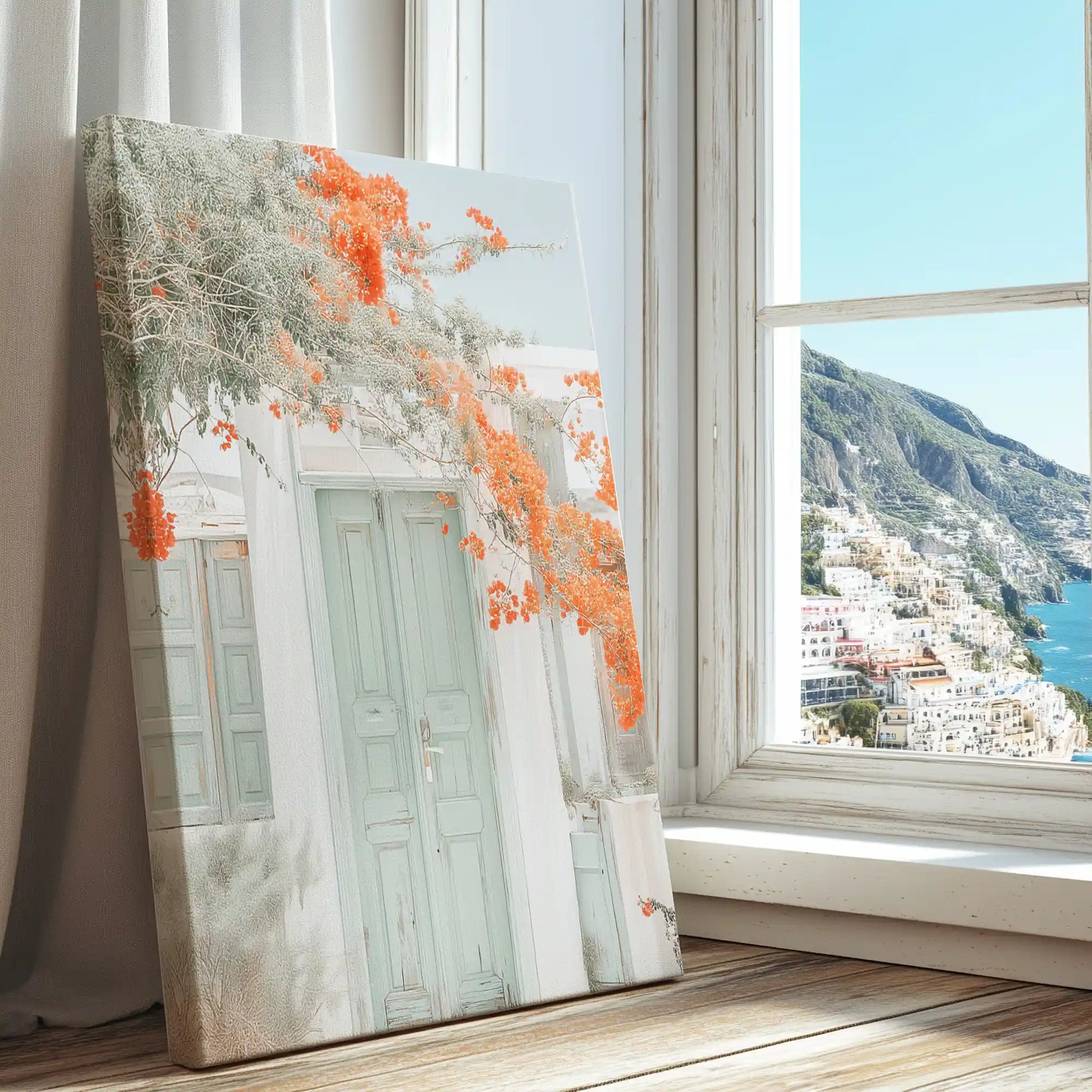 Floral doorway scene captured in a canvas print with modern style