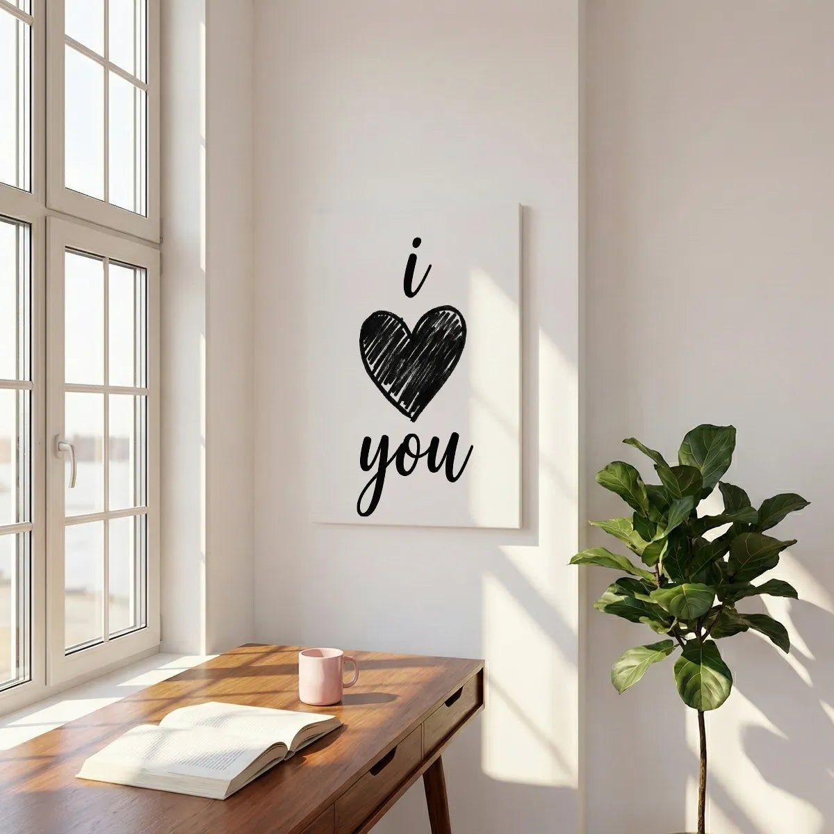 Monochrome canvas print showcasing a sketchy black heart with affectionate handwritten text, styled for modern romantic spaces
