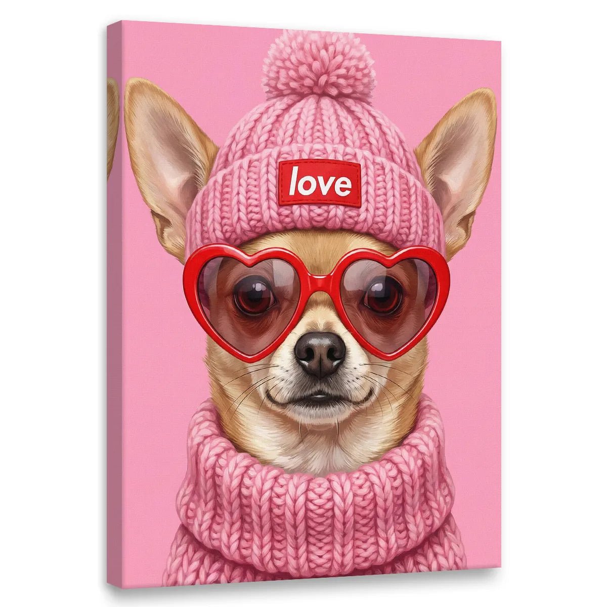 Pop art canvas wall art featuring a chihuahua in red heart sunglasses, pink knit hat with 'love' text, and matching sweater on pink background