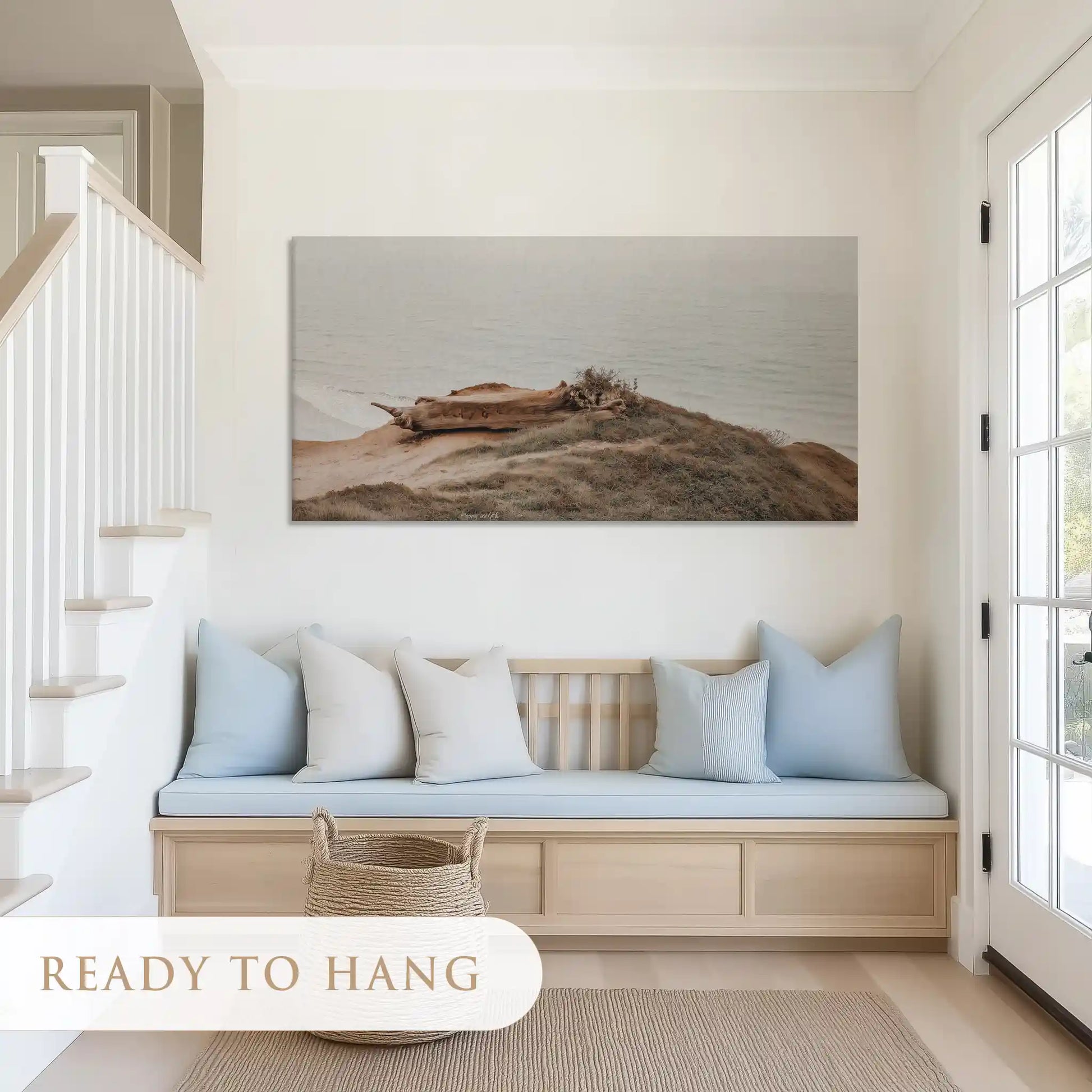 Extra large coastal driftwood canvas art highlighting natural textures and ocean horizon