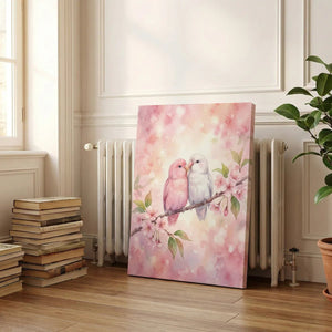 Decorative canvas print of two birds perched on a floral branch, with soft gradients and a romantic, nature-inspired theme.