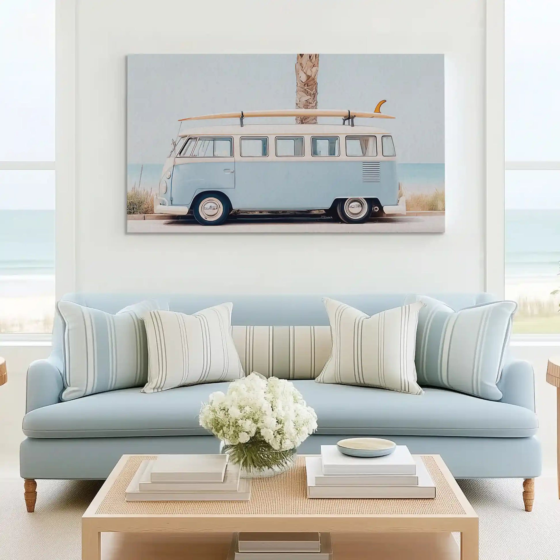 Contemporary coastal canvas wall art with surf culture vibe and retro travel aesthetic