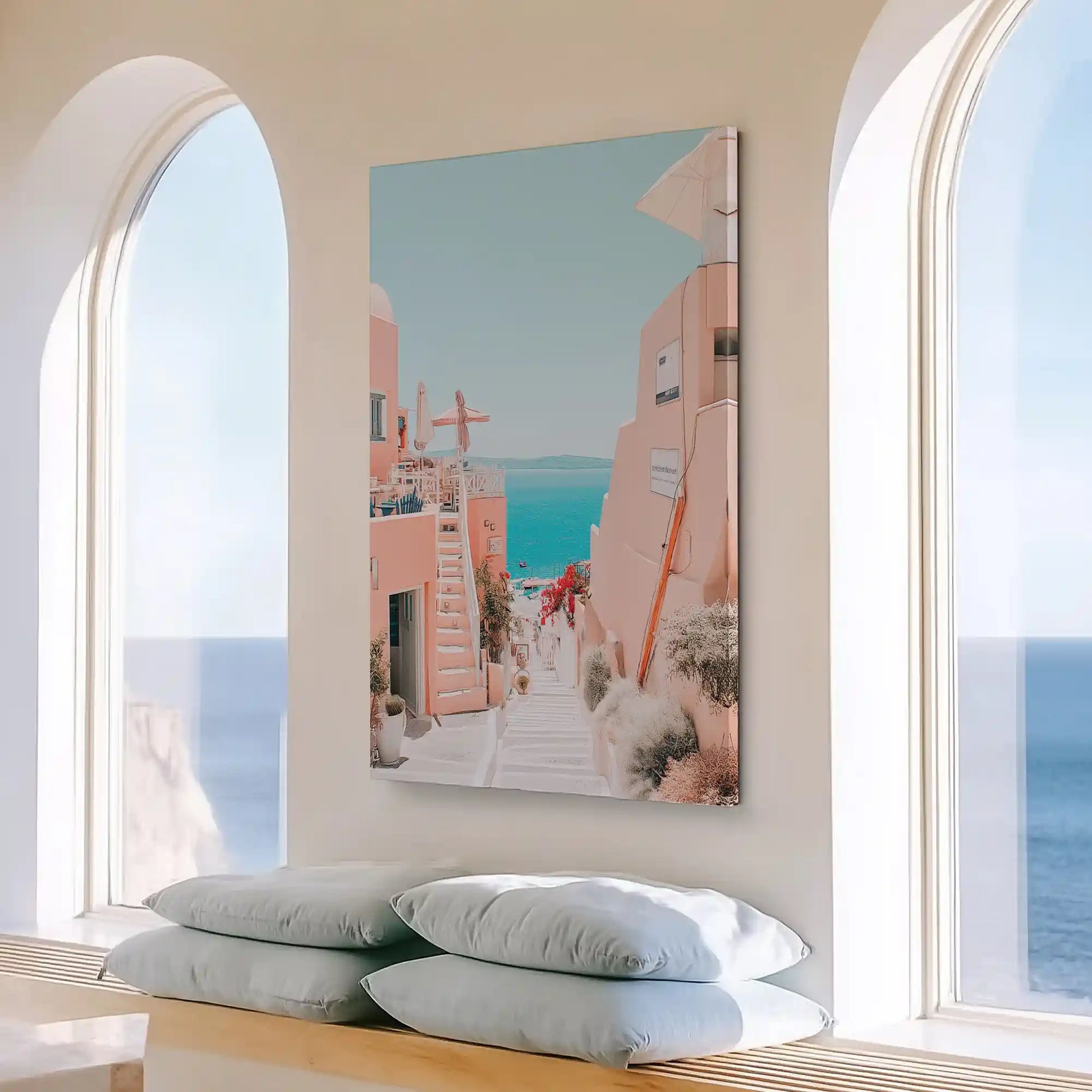 Large pastel village painting perfect for bedroom decor, evoking bright and peaceful coastal escape