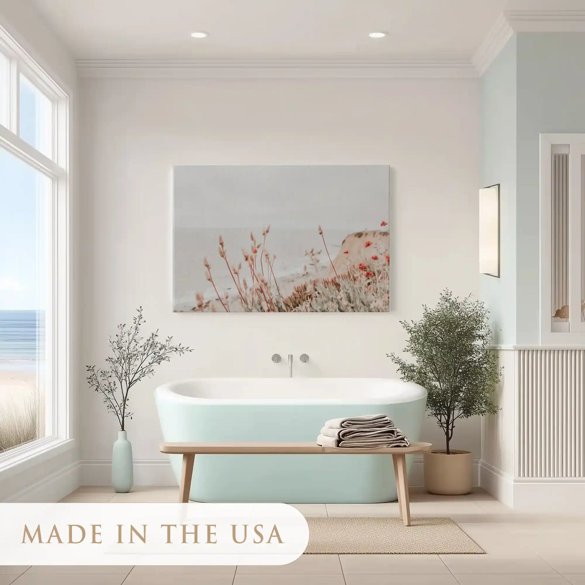 Soft beige floral painting adding coastal charm to contemporary interiors