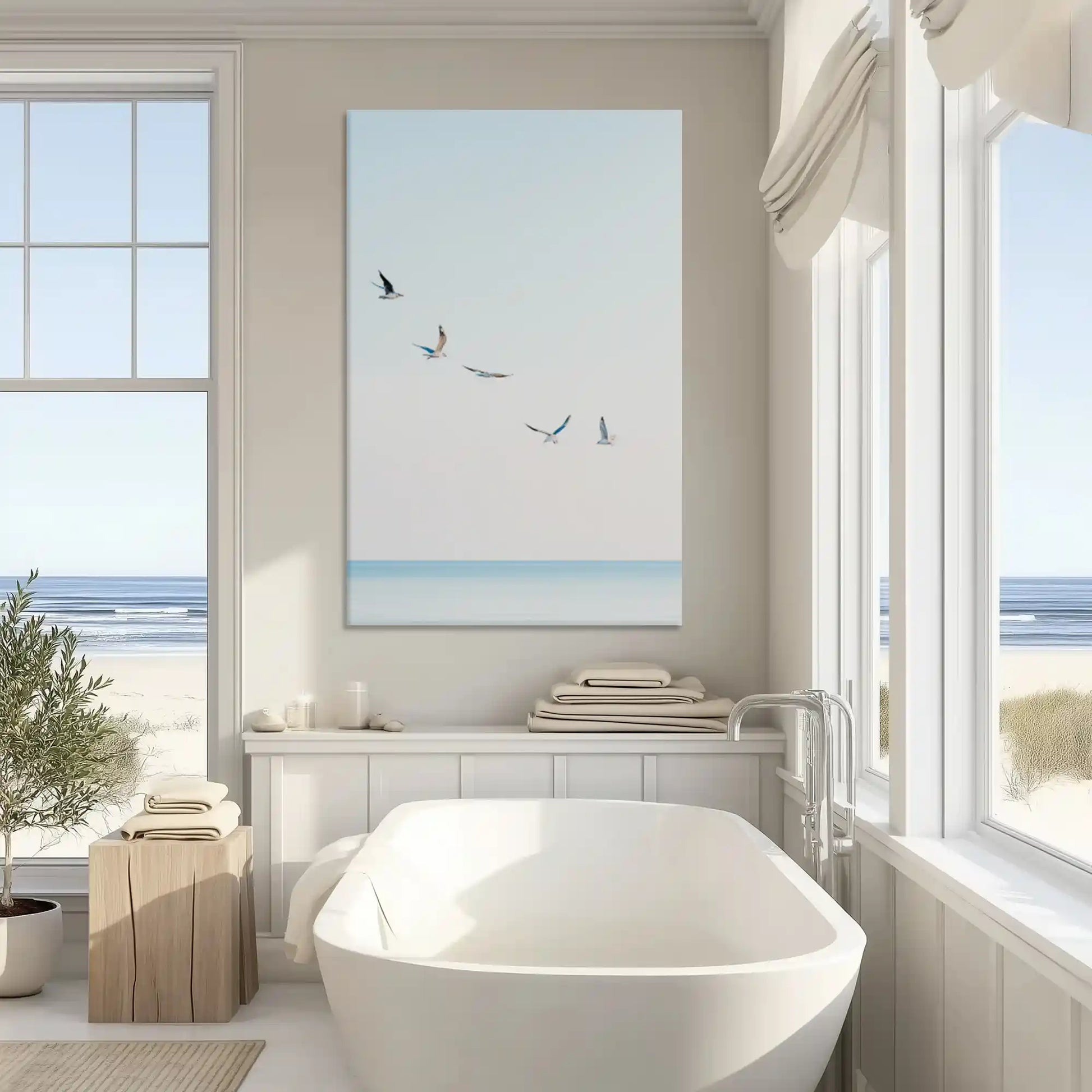 Elegant gulls and sky canvas art adding coastal serenity and openness to bright home settings