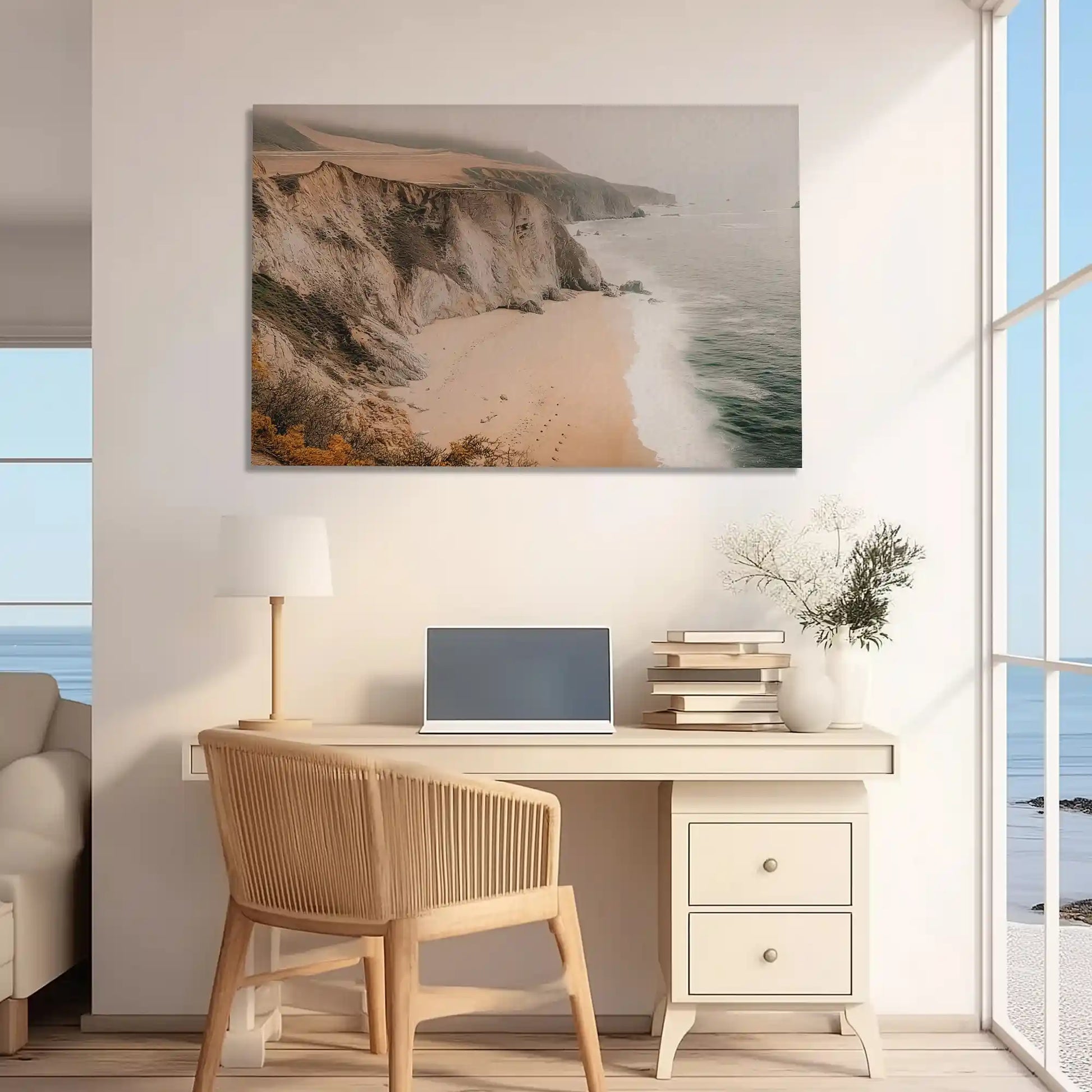 Beige toned shoreline canvas print featuring rugged cliffs and gentle ocean waves