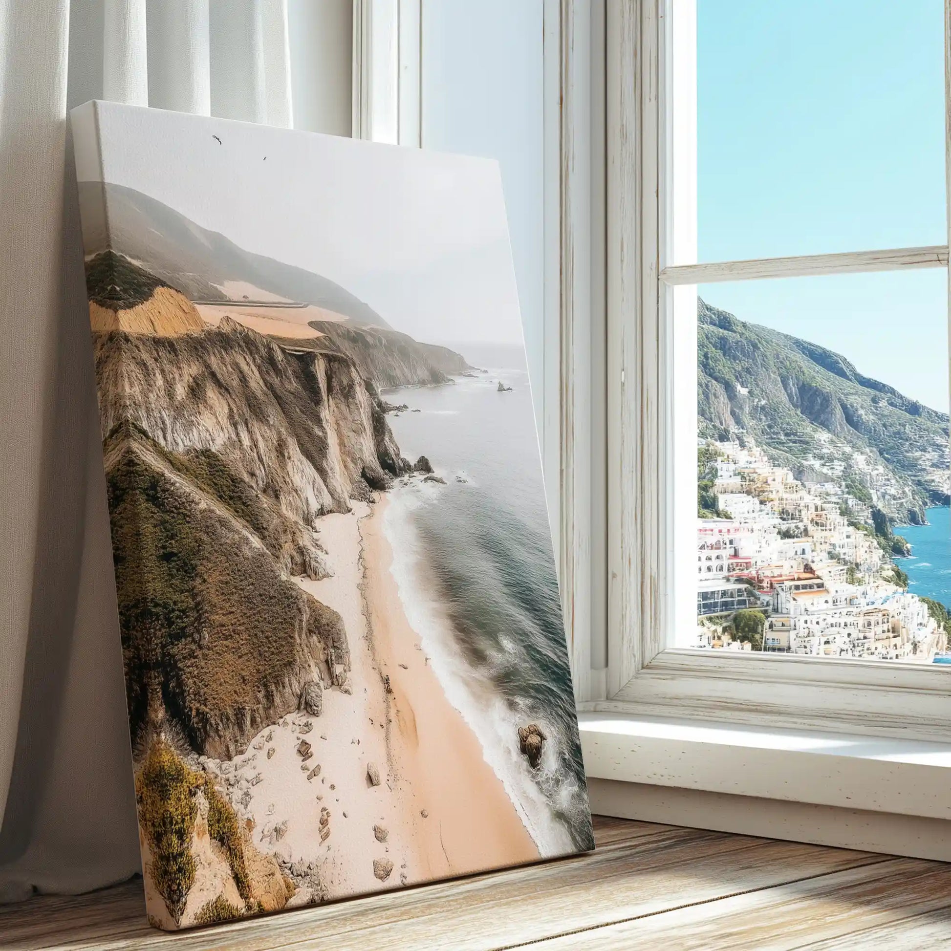 Soft sandy beach and cliffs wall art bringing serene ocean calm
