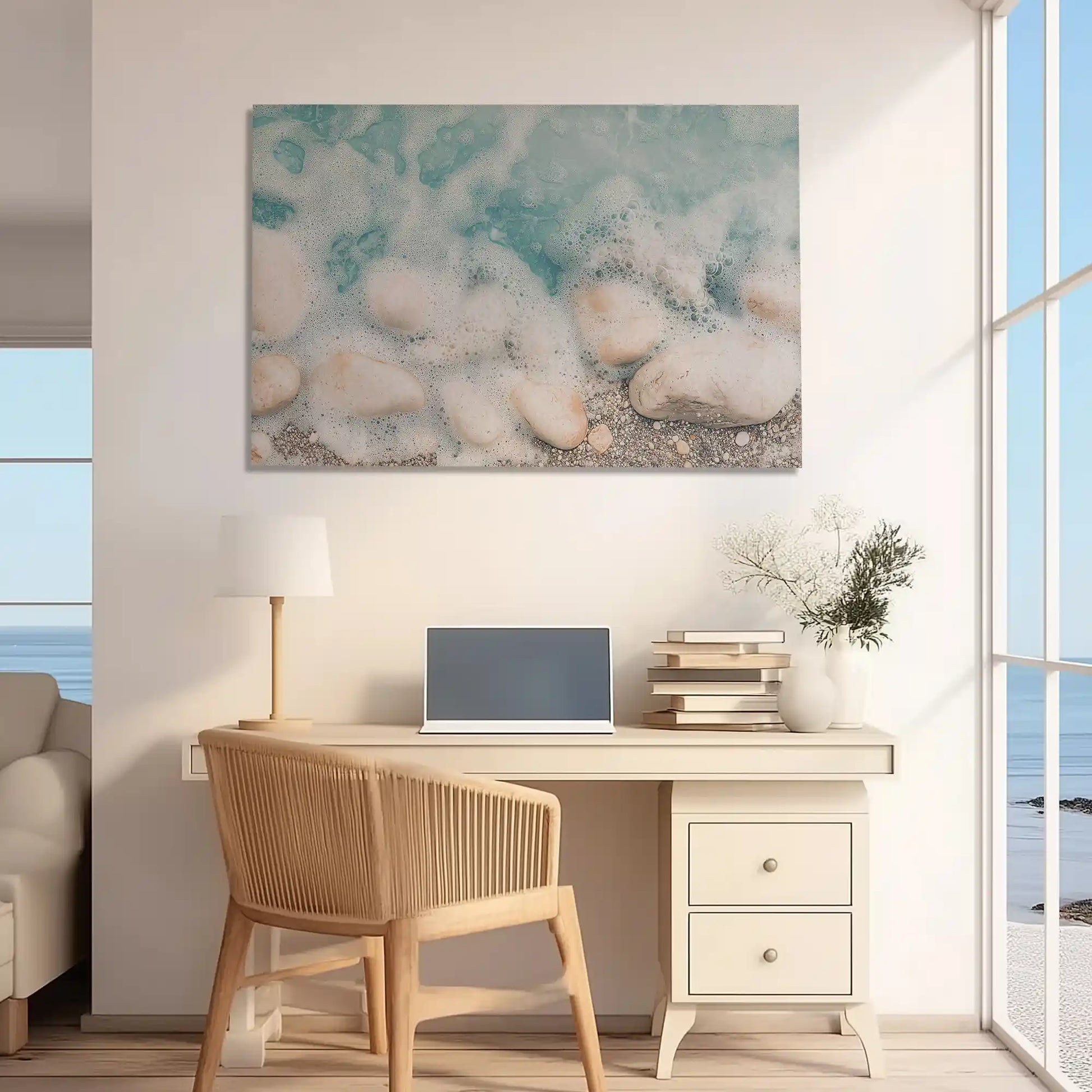 Oversized turquoise sea canvas print styled as striking wall decor for homes