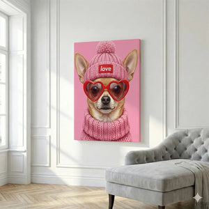 Cute canvas artwork of a tan chihuahua in a pink sweater and hat, rendered in smooth, detailed digital illustration