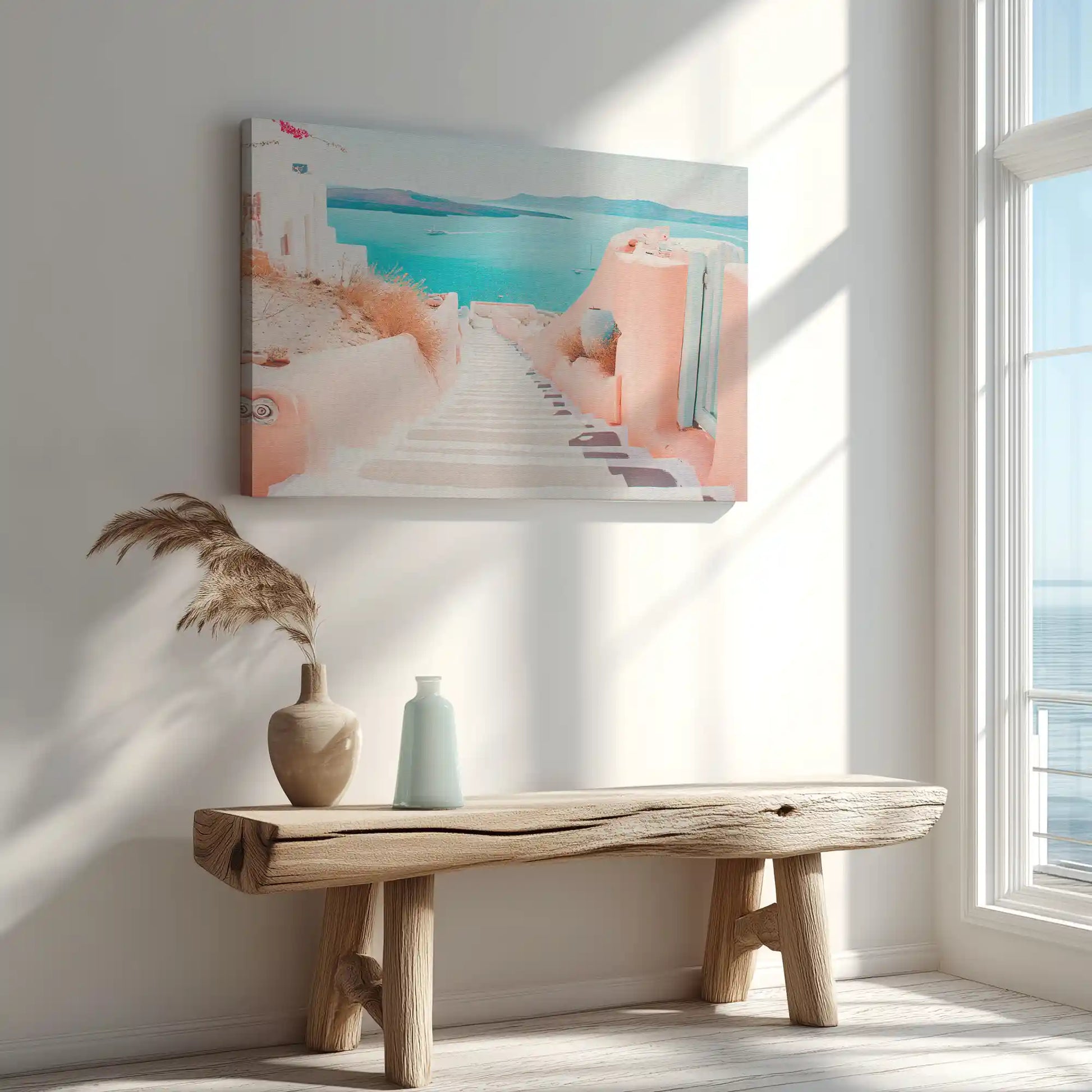 Warm pastel tones Santorini wall art bringing bright and airy summer mood