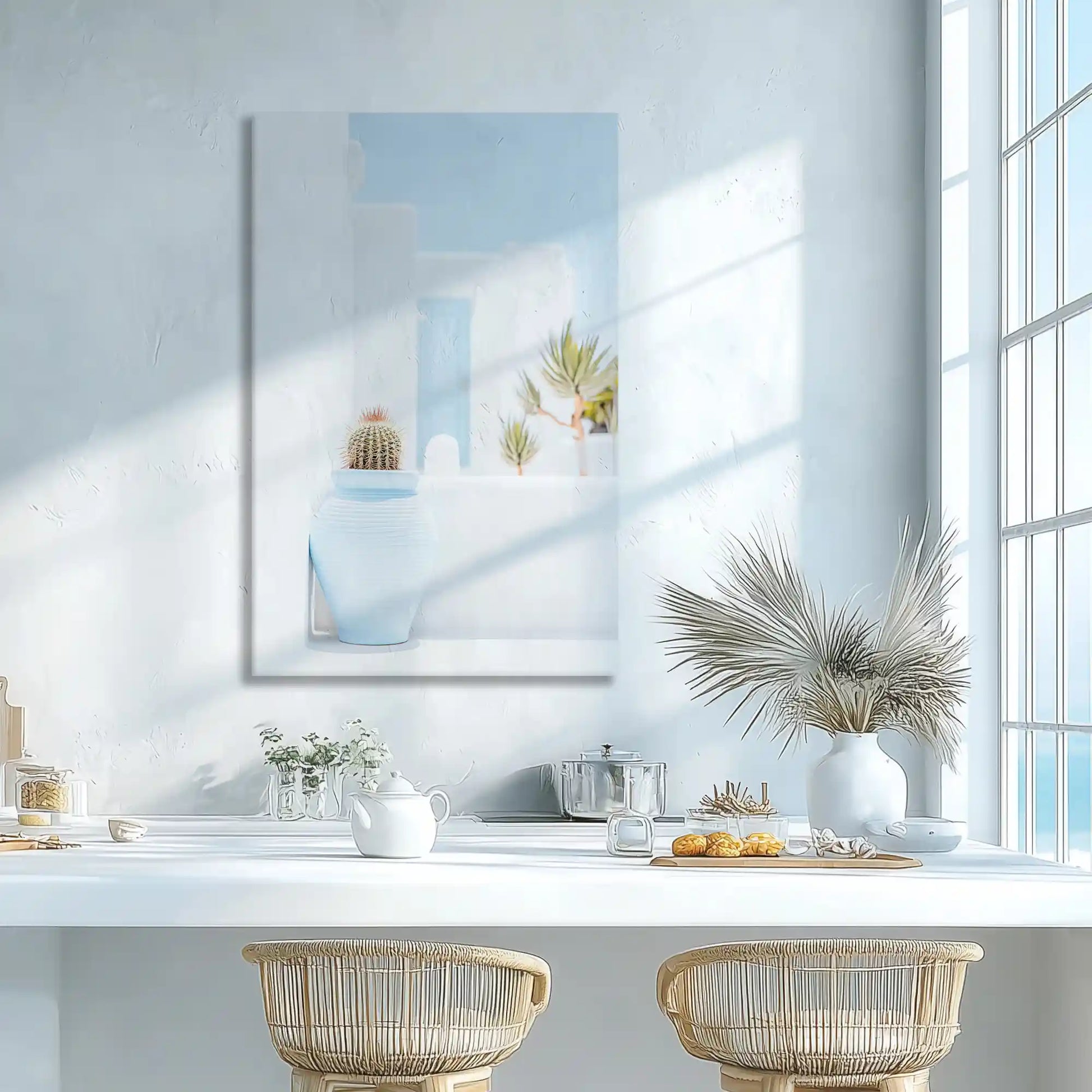 Neutral blue and white pottery wall decor adding airy feel to living space