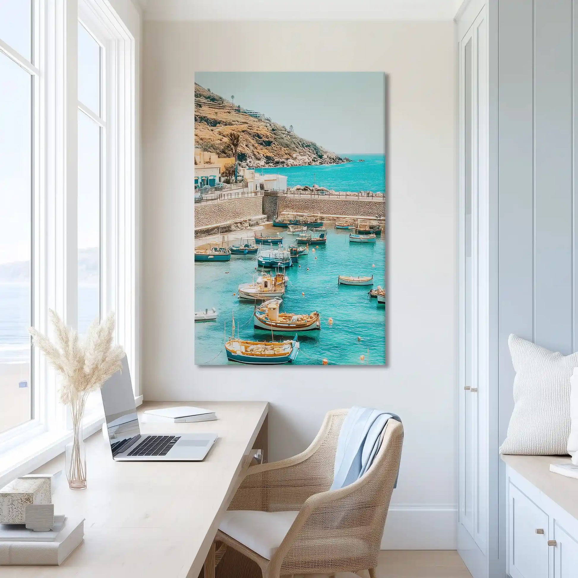 Muted turquoise harbor canvas print adding depth to contemporary spaces