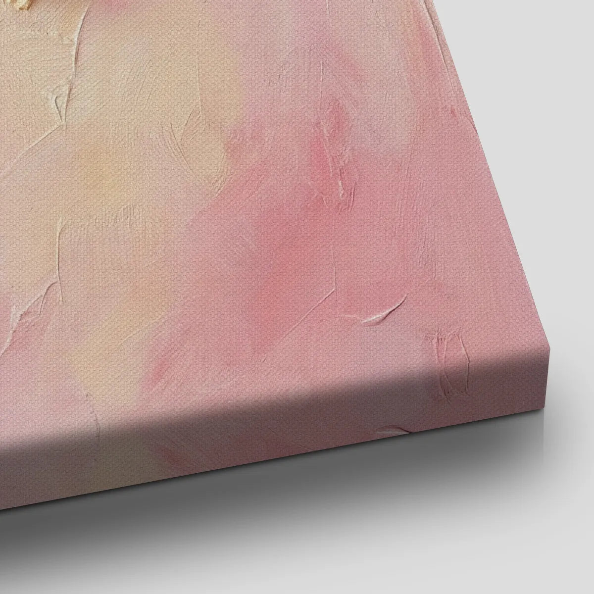 Vertical canvas wall decor with overlapping pink and cream hearts on a blended background of white, yellow, and soft pink.