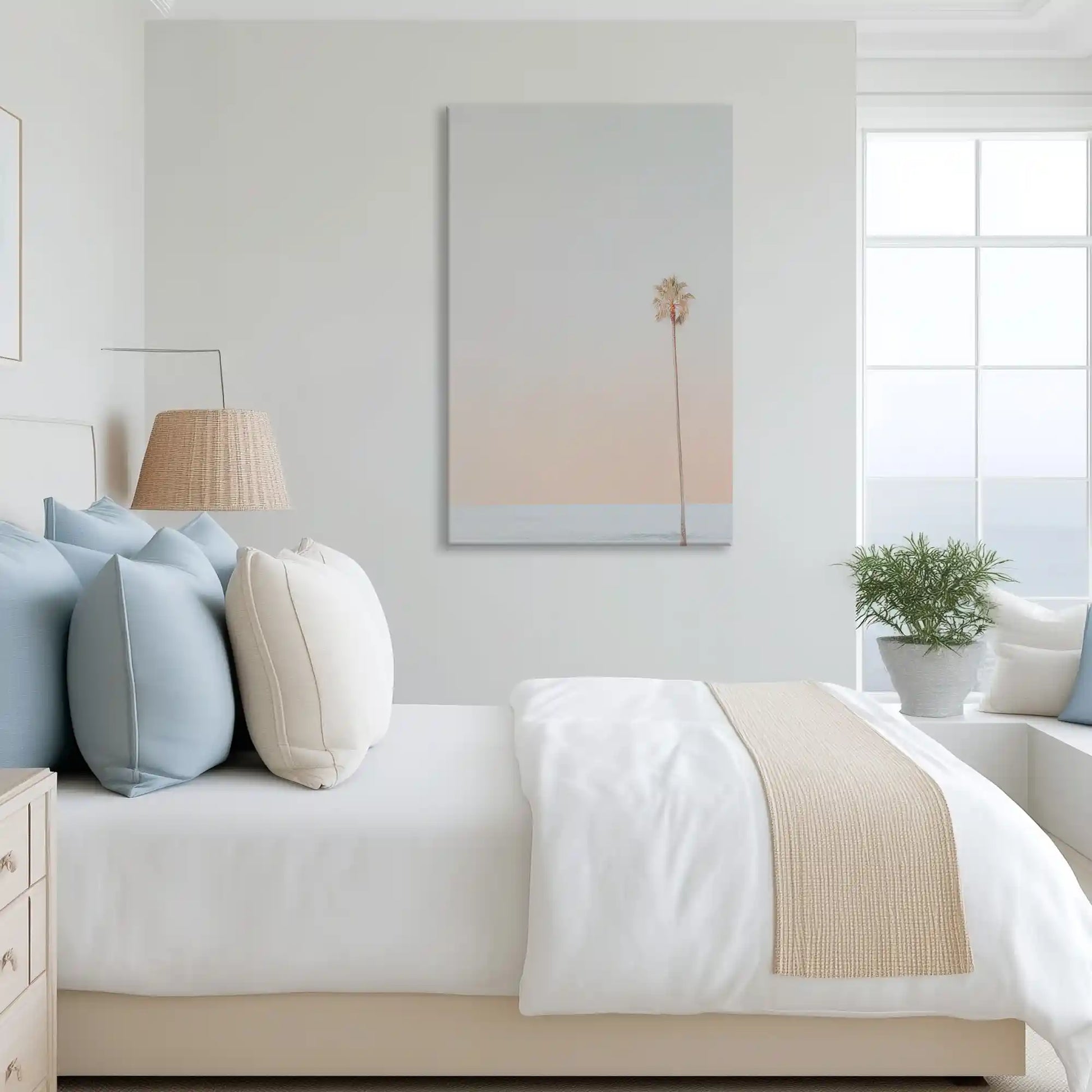 Tranquil pastel palm canvas art complementing modern coastal-inspired decor with airy hues