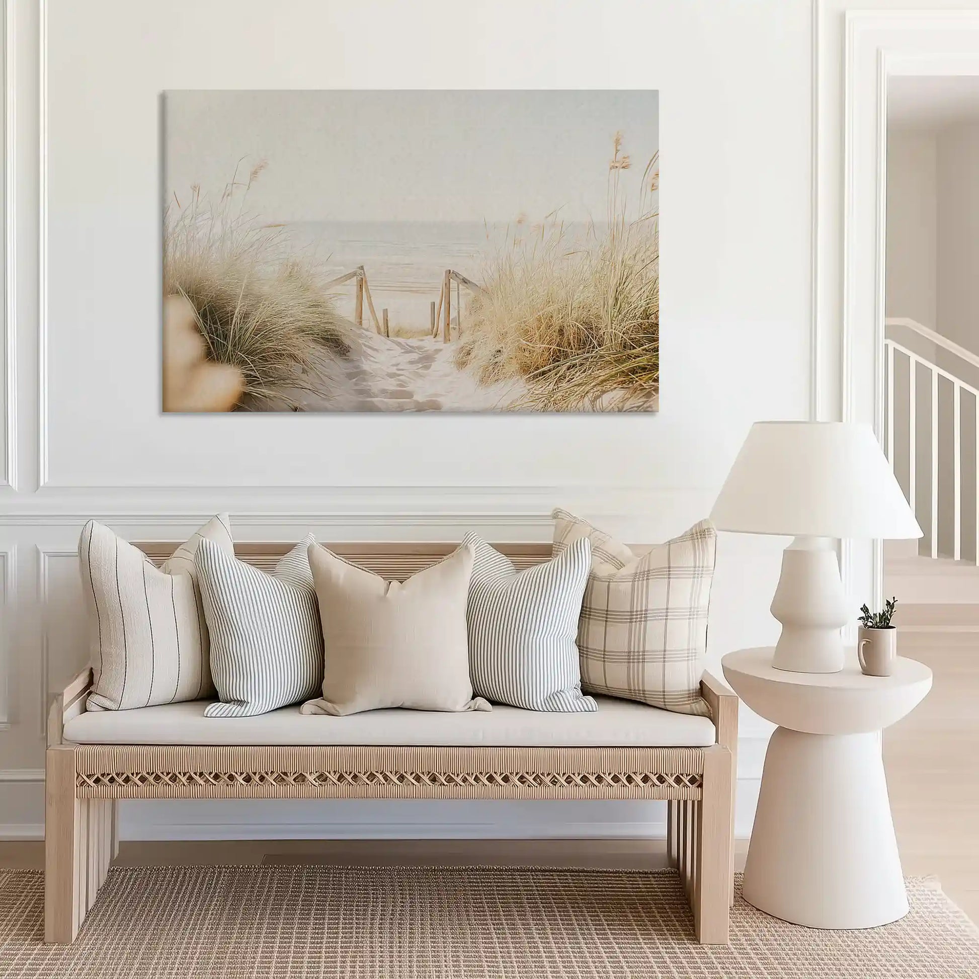 Wooden boardwalk painting captured in canvas art with natural coastal style