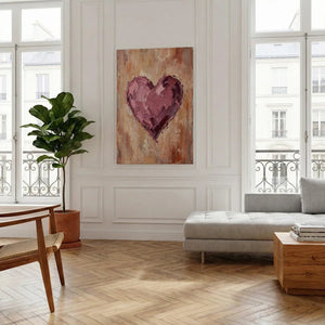 Decorative canvas print with a bold impasto heart in romantic hues, set against a painterly, earth-toned abstract field