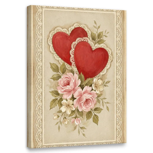 Vintage-style canvas wall art featuring two red hearts with lace trim surrounded by pink and white roses and green leaves.