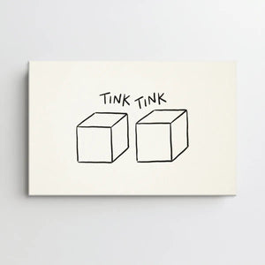 Canvas wall art using medium-weight black lines to depict two cubes and whimsical text on a white background