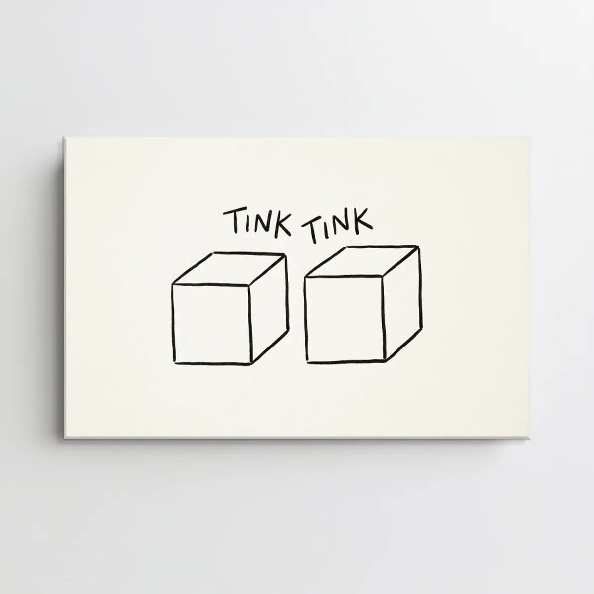 Canvas wall art using medium-weight black lines to depict two cubes and whimsical text on a white background