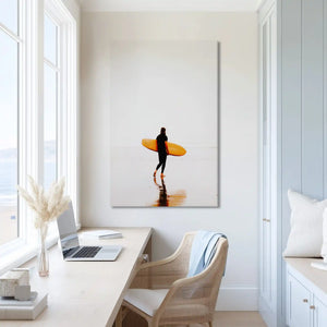 Energetic beach surfer painting with warm tones for modern coastal homes