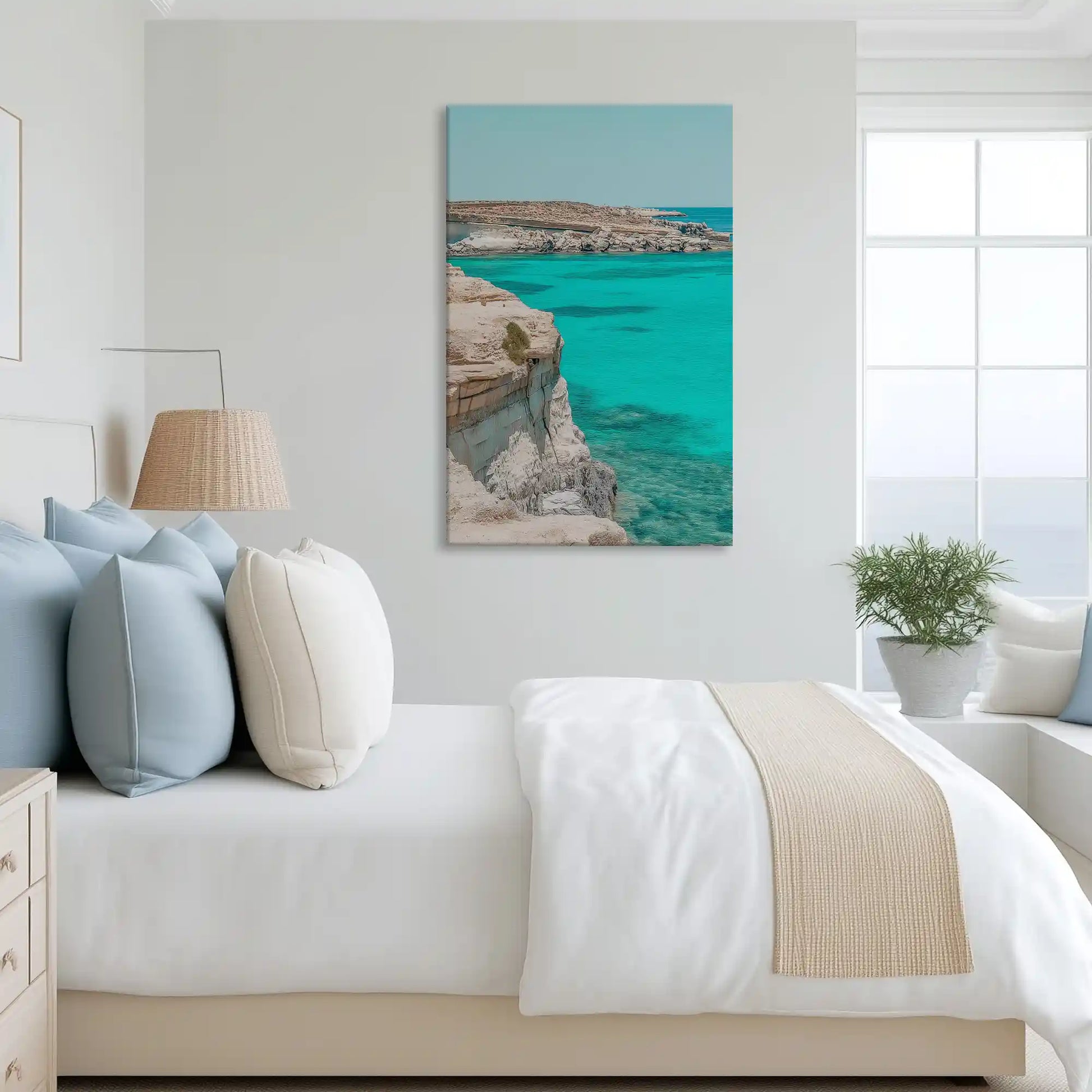 Tranquil turquoise coastal canvas art complementing airy seaside-inspired home decor