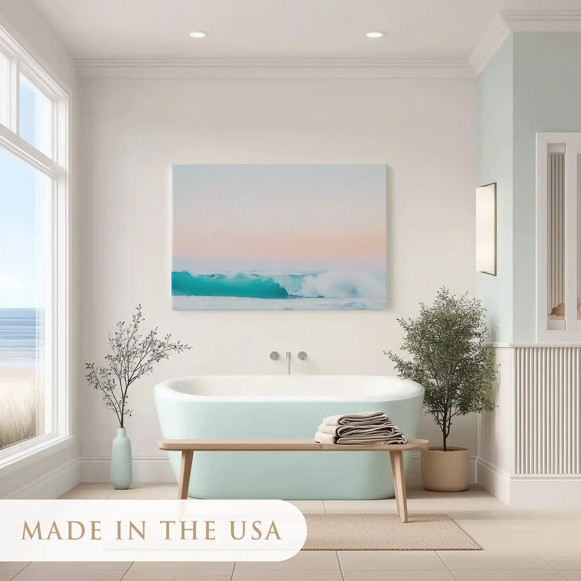 Peaceful seascape painting in soft hues ideal for coastal dining room wall decor
