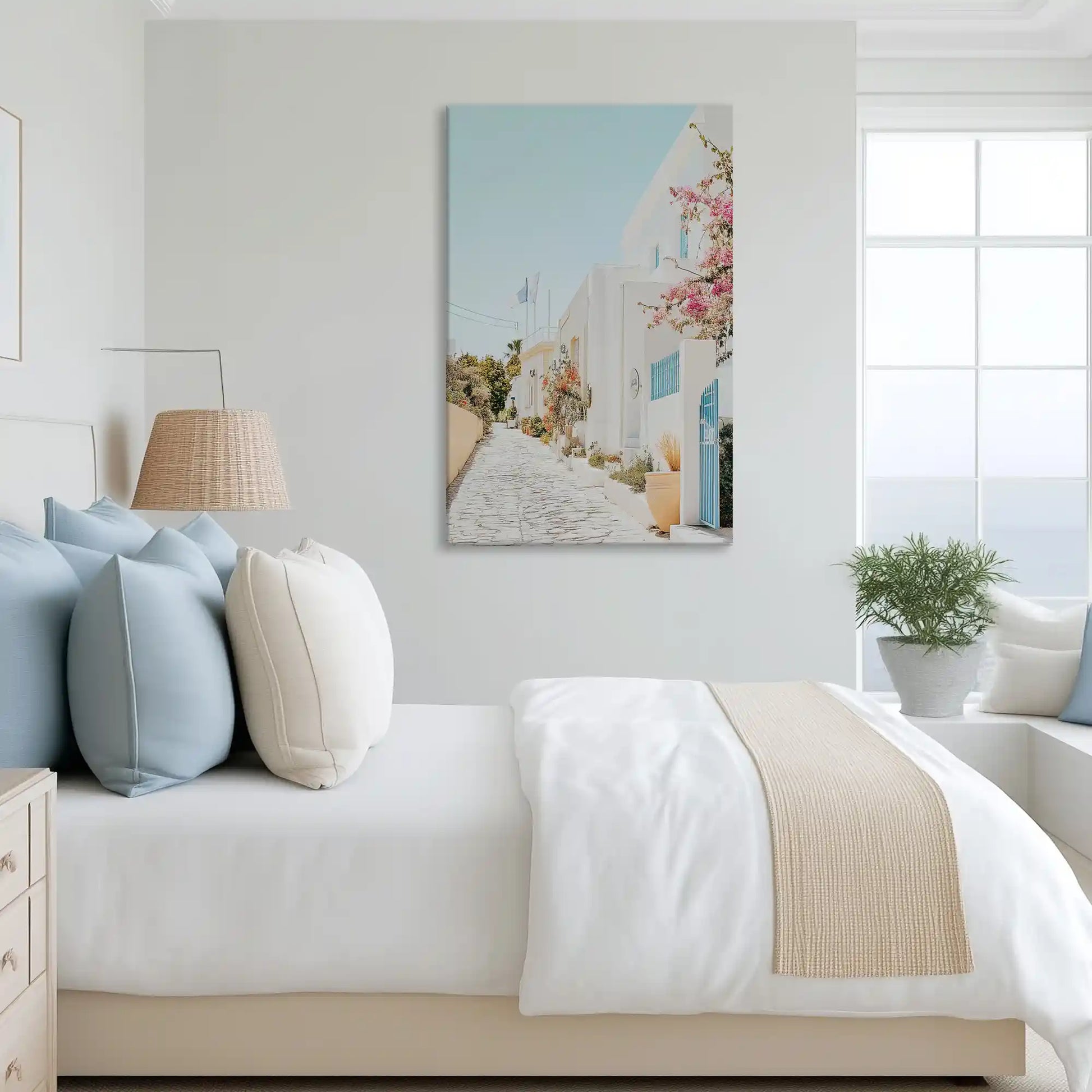 Serene floral street canvas art complementing airy neutral interiors