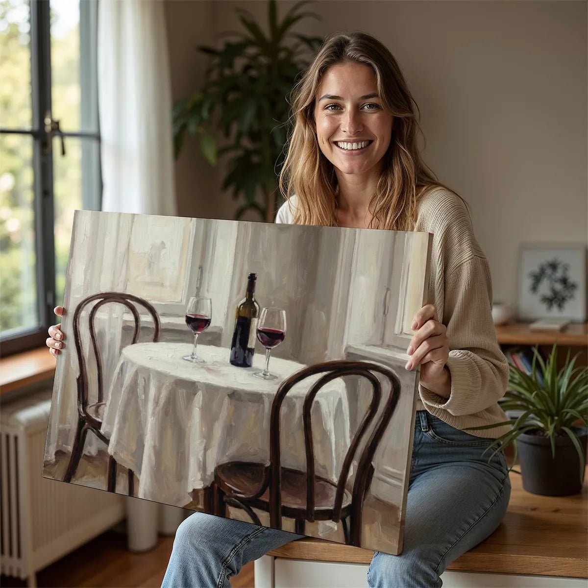 Painterly canvas artwork of a romantic table setting with two glasses of wine and a white tablecloth in a softly lit room