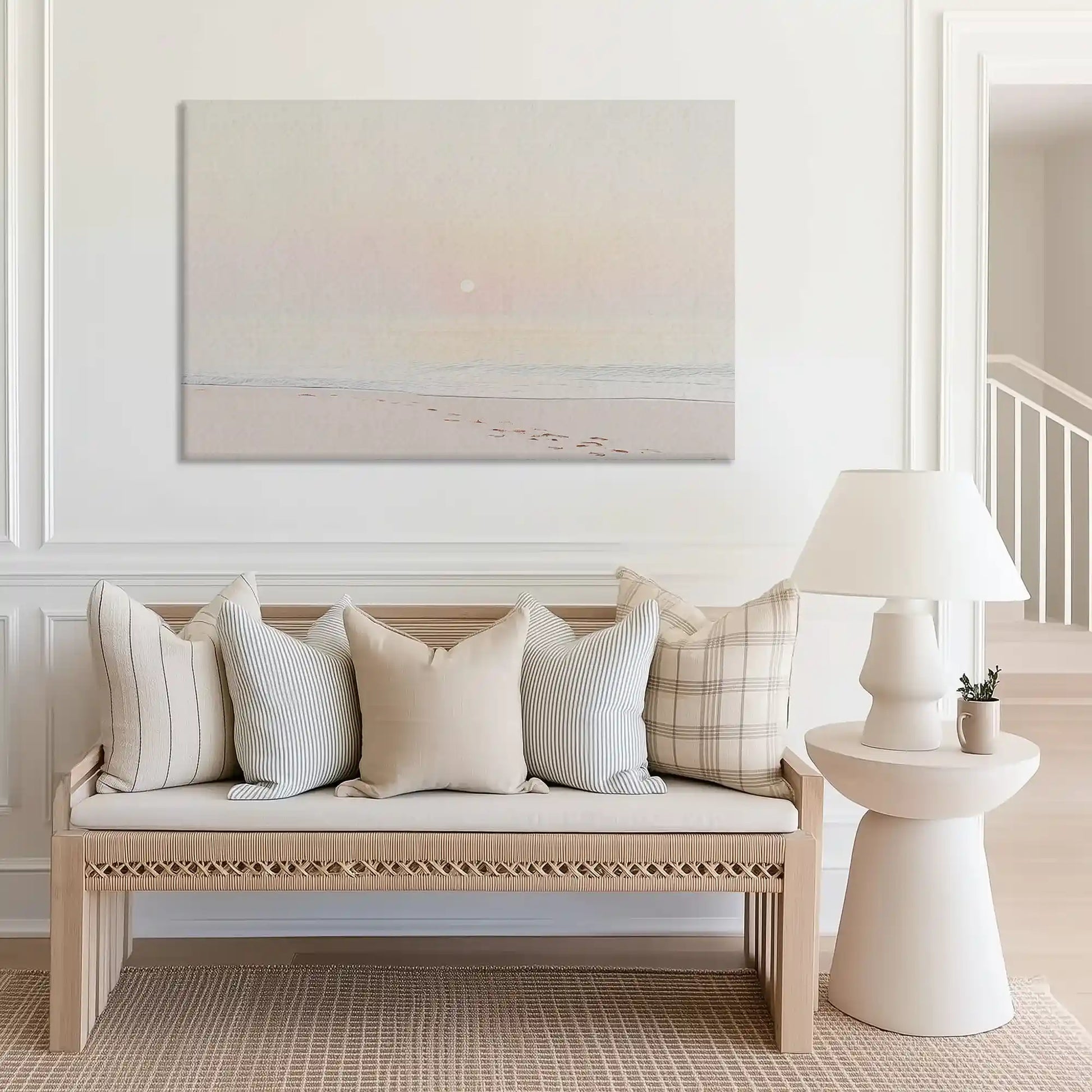 Large shoreline canvas print perfect for above sofa placement in airy spaces
