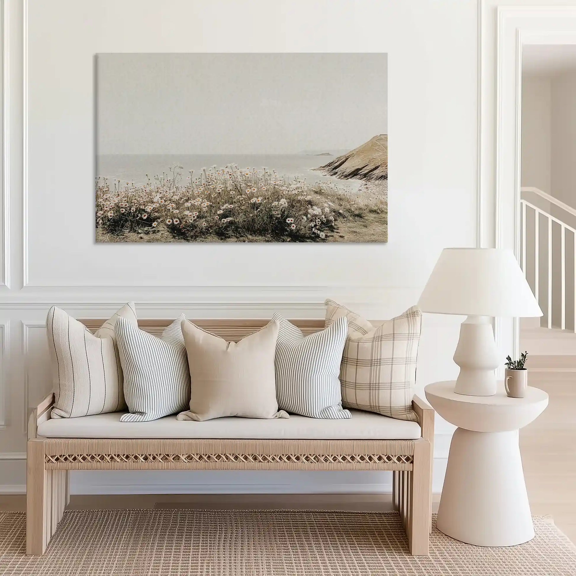 Large coastal meadow canvas print perfect for above sofa placement in bright rooms