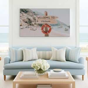 Coastal living room wall decor canvas with Positano beach scene and travel-inspired style