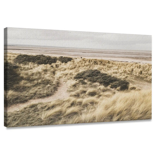 Modern coastal path canvas wall art for living room with soft beige palette