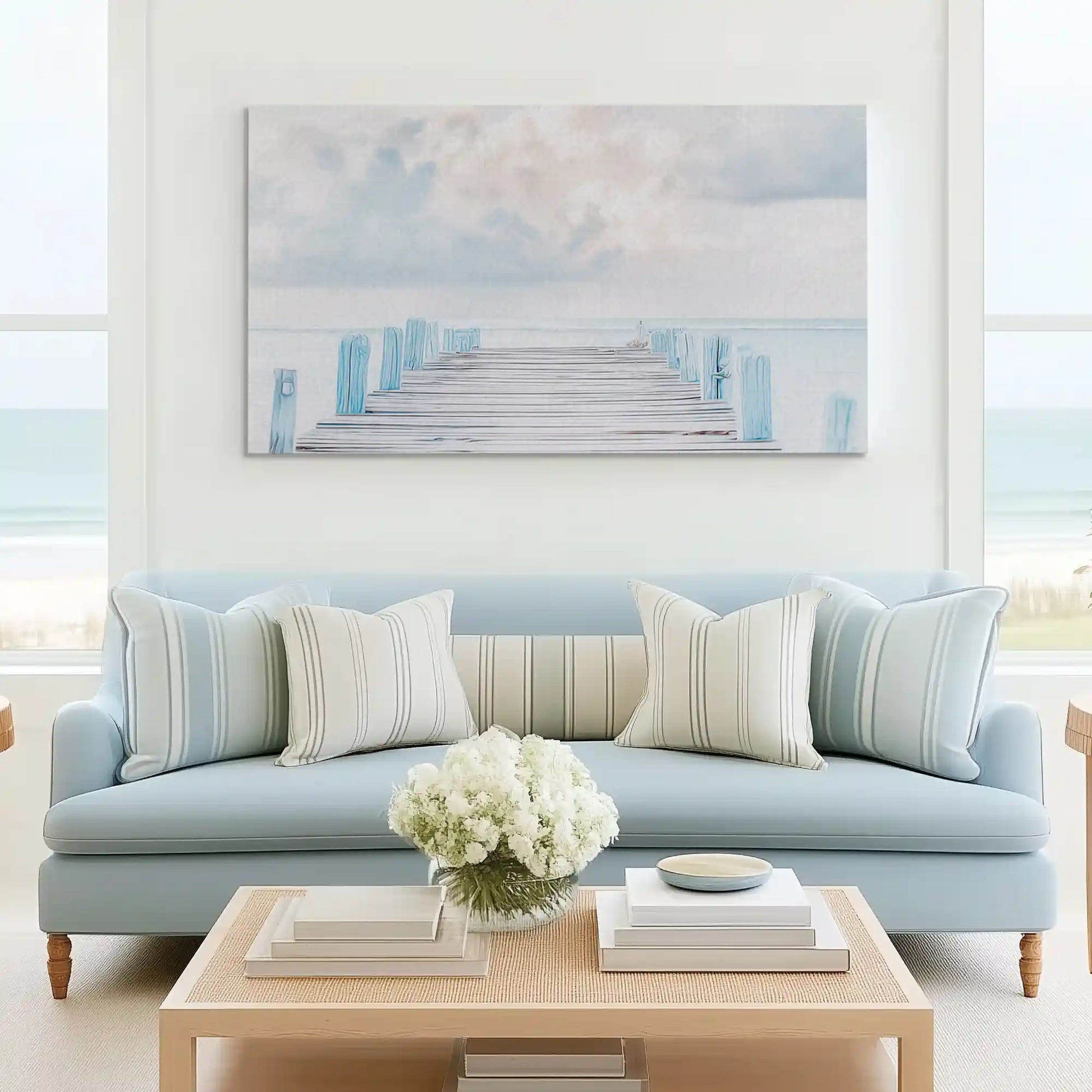 Contemporary ocean wall art canvas featuring wooden walkway and soft seaside hues