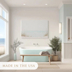 Ocean wall art canvas with light neutral shades, dune grass, and soft coastal textures