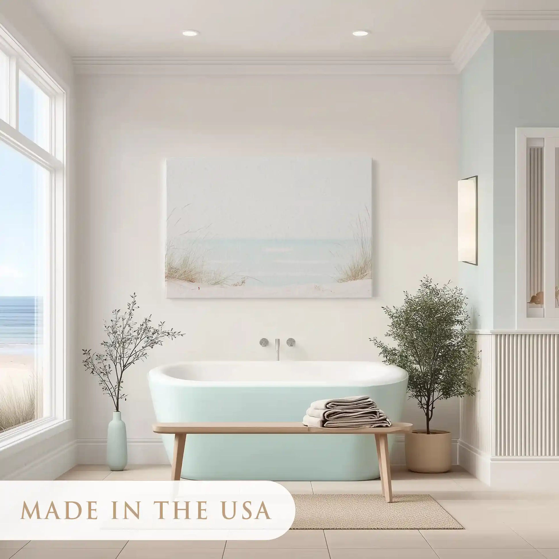 Ocean wall art canvas with light neutral shades, dune grass, and soft coastal textures