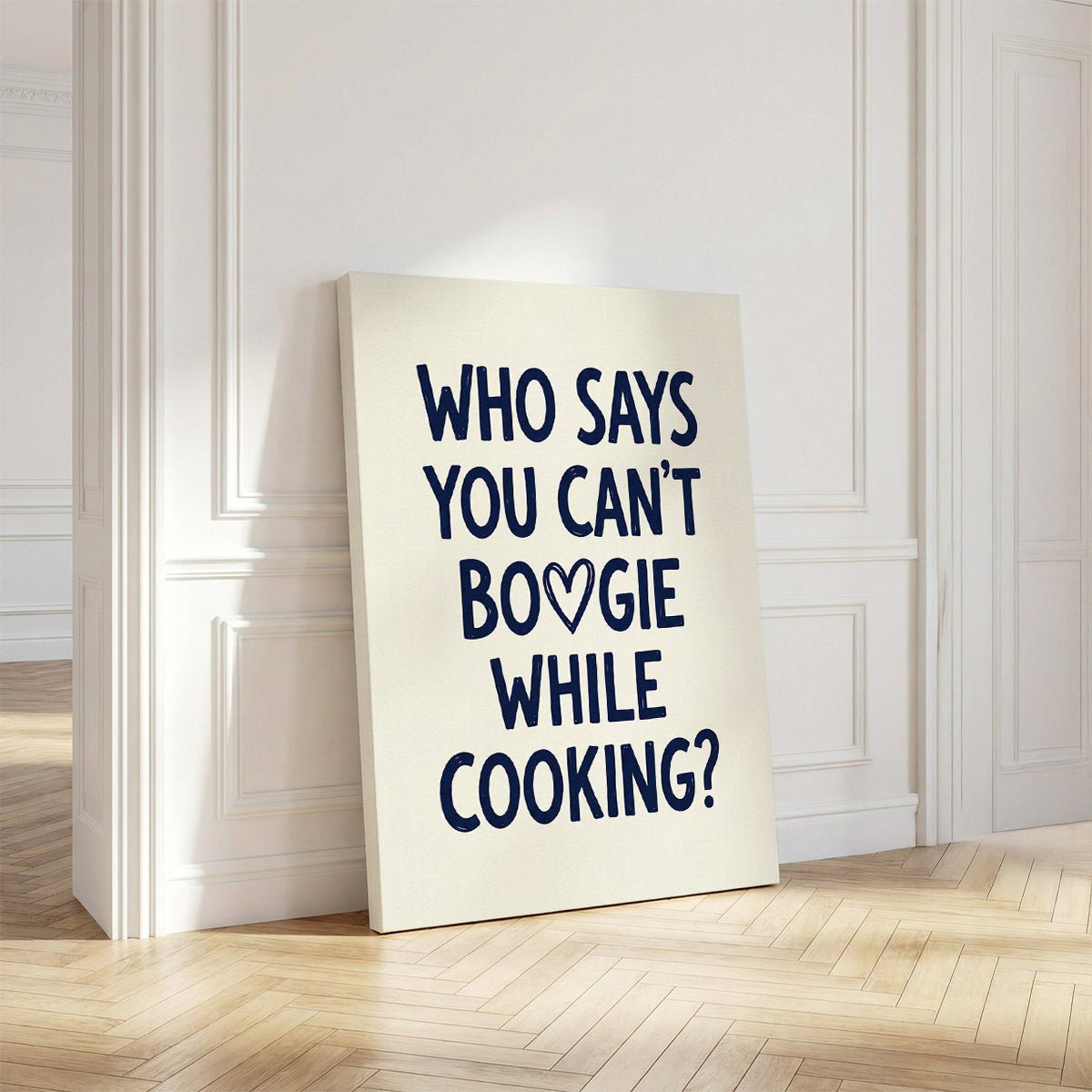 Vertical canvas art with stacked navy text and heart graphic, delivering a fun and stylish quote for casual dining areas.