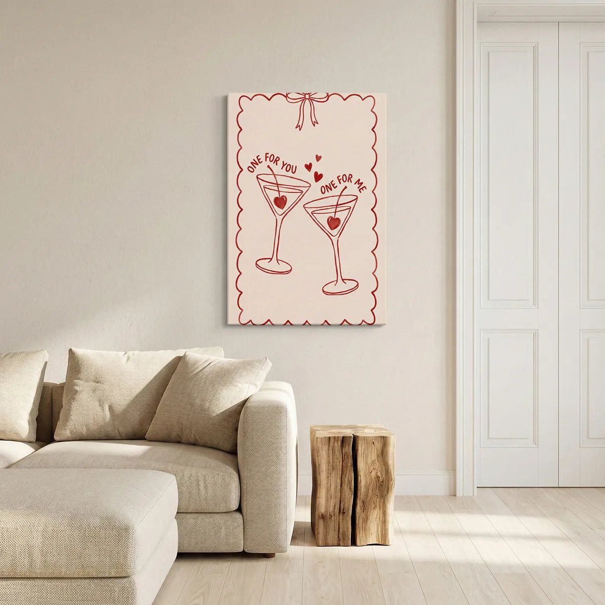 Cream and red canvas wall decor with flat illustrated drinks, heart cherries, and a centered bow above a scalloped frame.