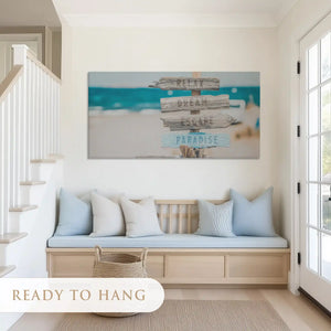 Calm seaside sign canvas art with turquoise tones for airy and cheerful living rooms