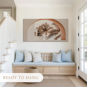 Calm tropical courtyard canvas art with warm tones for airy living room décor
