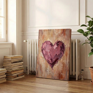 Modern canvas art displaying a textured pink and purple heart on a rustic, abstract background with earthy color layers