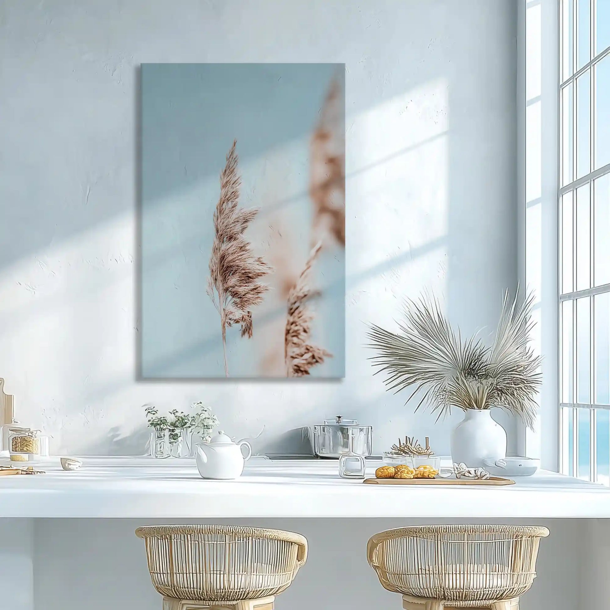 Neutral pampas wall decor adding airy and organic feel to dining room