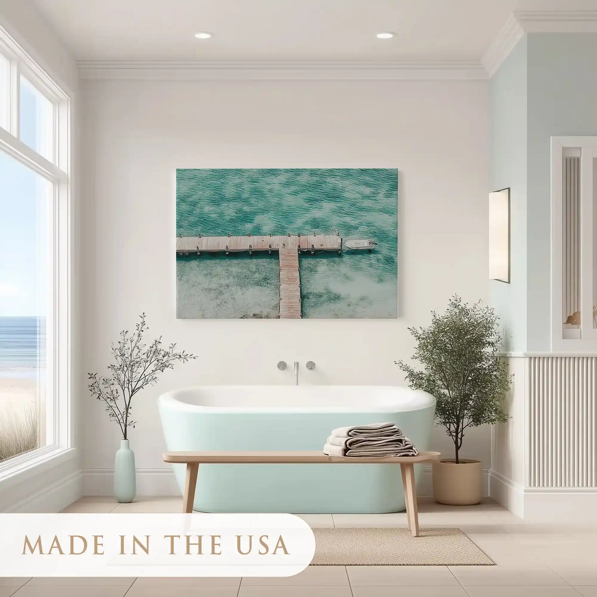 Peaceful seascape painting in teal hues ideal for coastal dining room wall decor