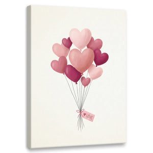 Minimalist canvas wall art featuring a cluster of pink and red heart-shaped balloons tied with a ribbon and LOVE tag.