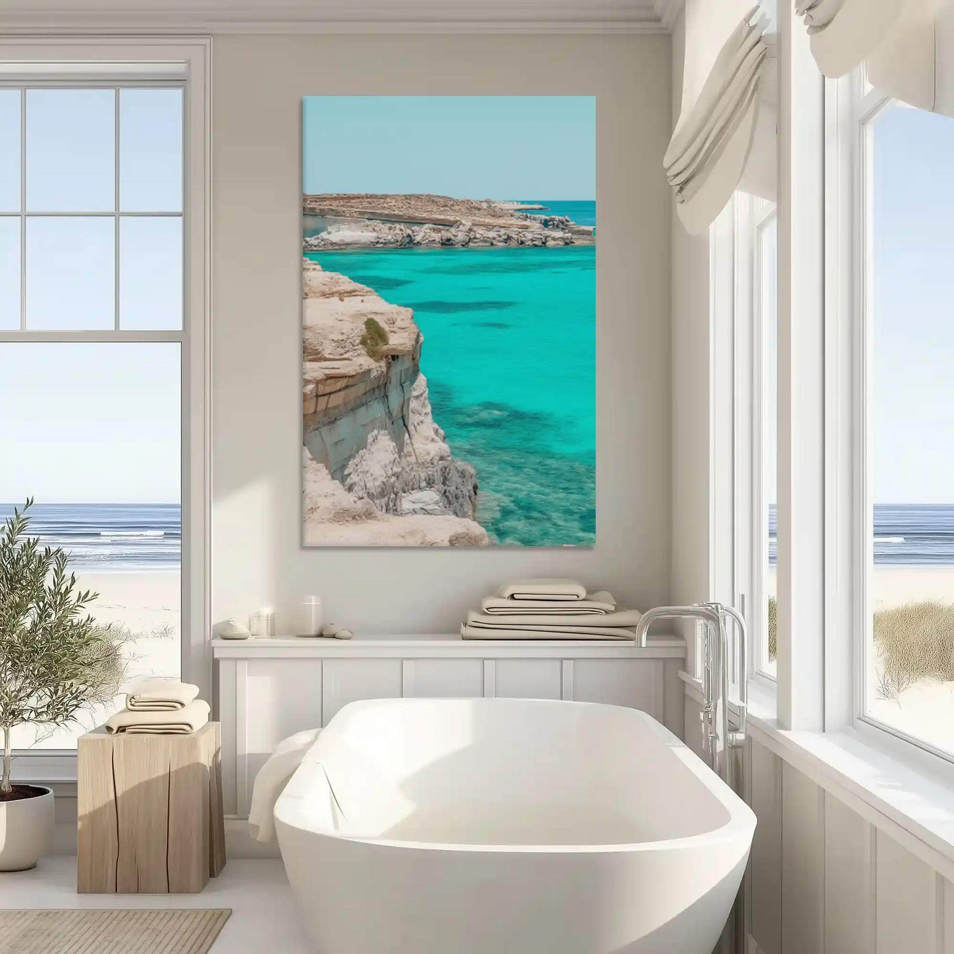 Neutral cliffside seascape canvas art enhancing modern wall decor with natural coastal tones