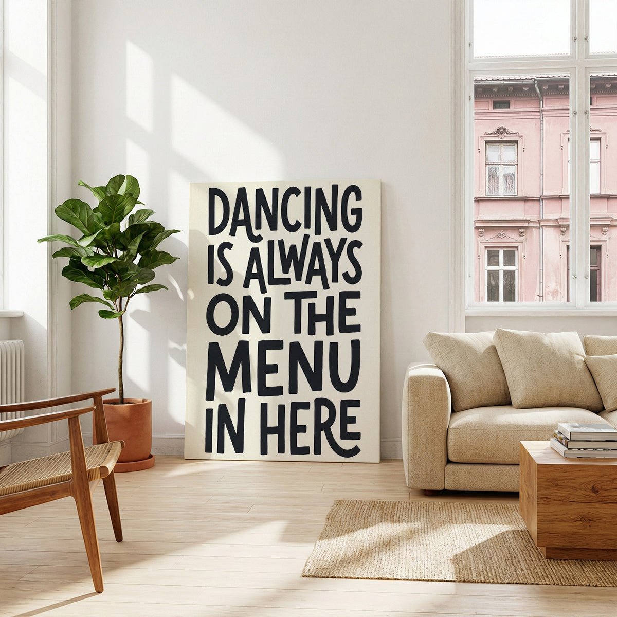 Modern canvas art with centered bold lettering and a playful tone, designed in a minimalist black and white format.