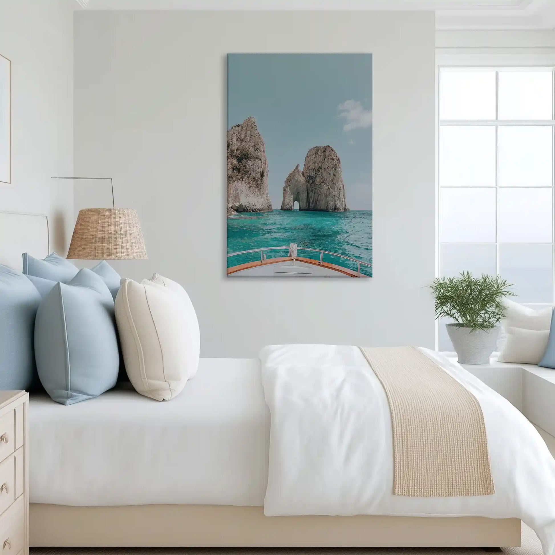 Tranquil island cliffs canvas art complementing airy neutral interiors