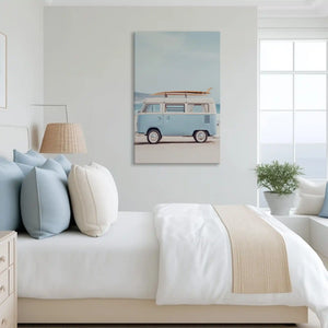 Tranquil seaside van canvas art complementing modern beach-inspired home decor